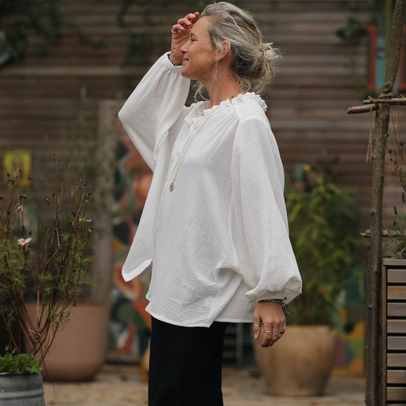 Blouse Miléna - double gaze de coton ivoire rayée dorée