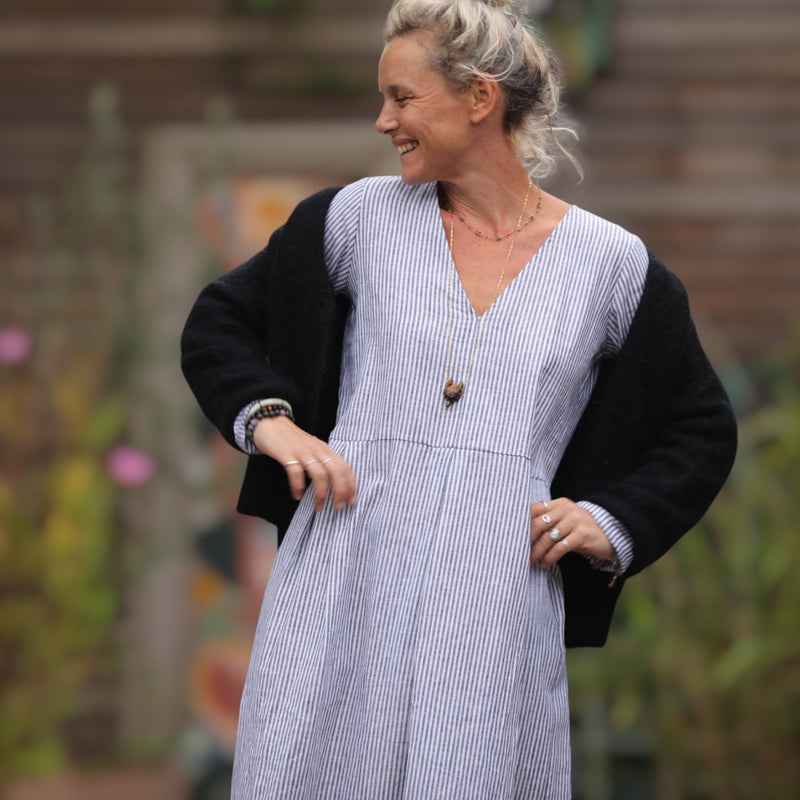 Robe romane - coton/lin rayé noir/blanc