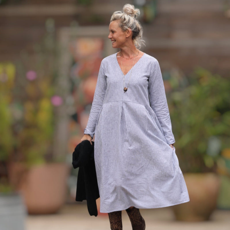 Robe romane - coton/lin rayé noir/blanc