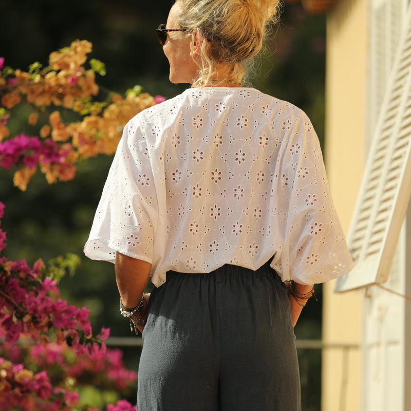 Blouse Yoko - voile de coton brodé blanc cassé pâquerettes