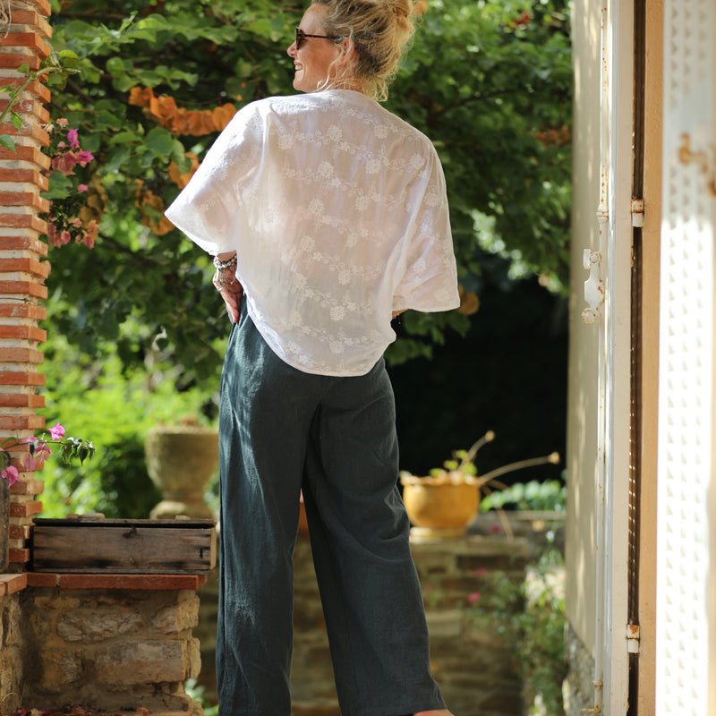 Blouse Yoko - voile de coton brodé blanc cassé fleurs en farandole