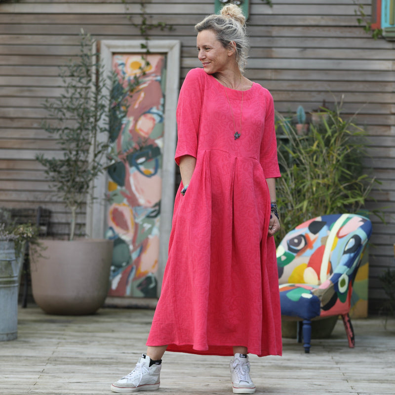 Robe Louisa manches 3/4 jacquard coton/lin fuchsia