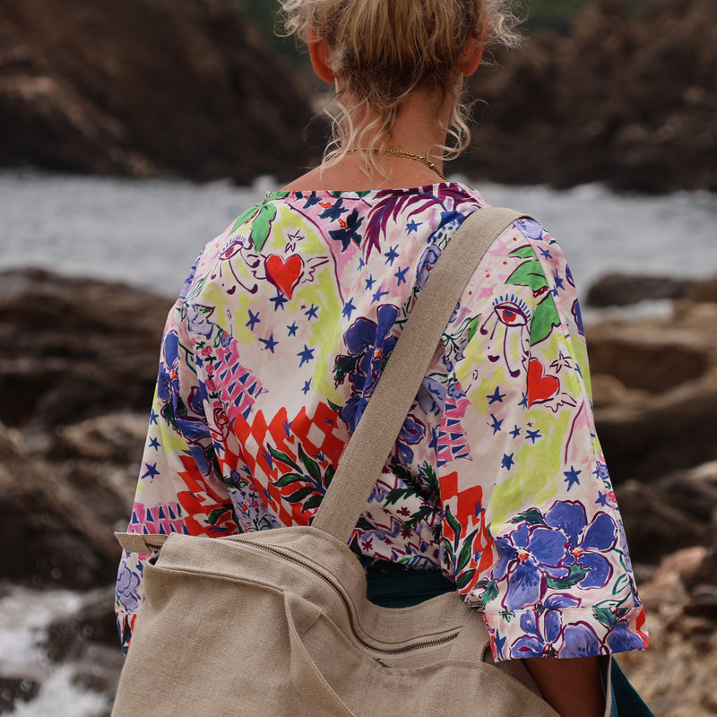 Sac Alfred en lin naturel - doublure en lin bleu majorelle