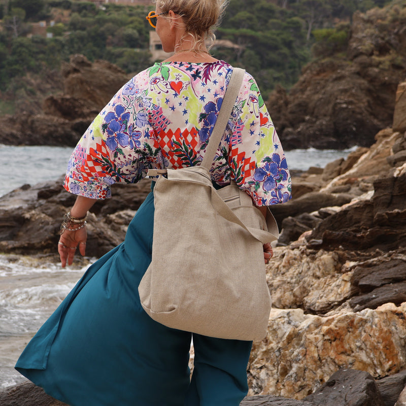 Sac Alfred en lin naturel - doublure en lin bleu majorelle