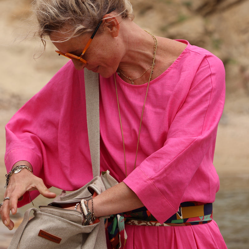 Sac Alfred en lin naturel - doublure en lin bleu majorelle