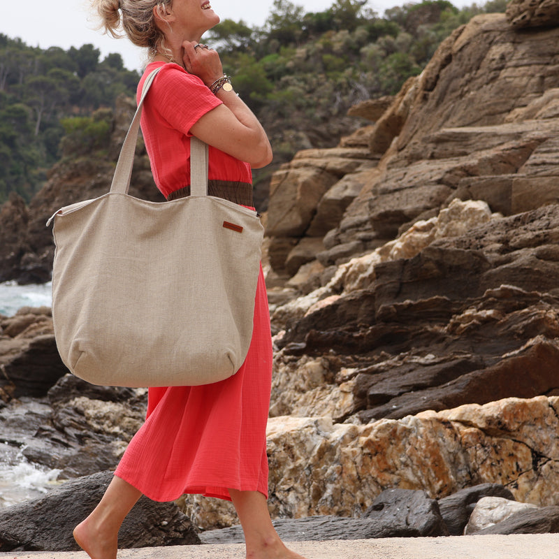 Sac Alfred en lin naturel - doublure en lin prune