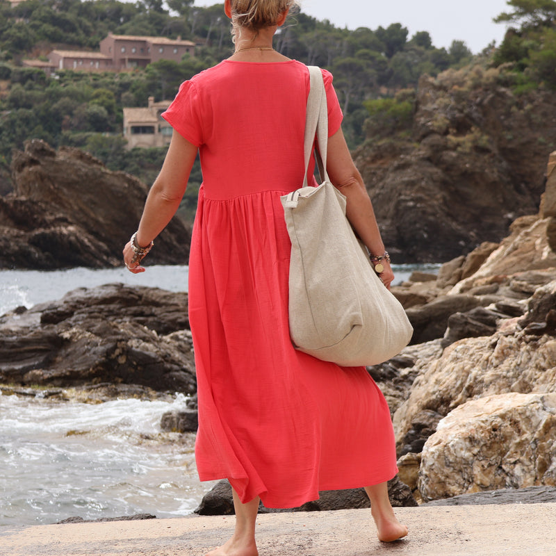 Sac Alfred en lin naturel - doublure en lin bleu majorelle