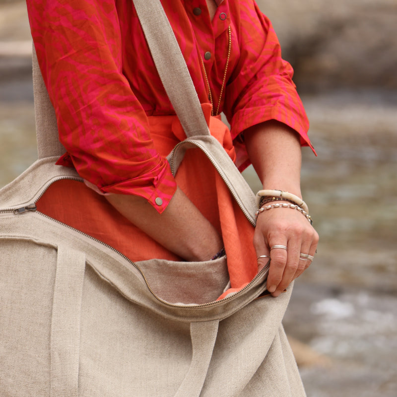 Sac Alfred en lin naturel - doublure en lin orange