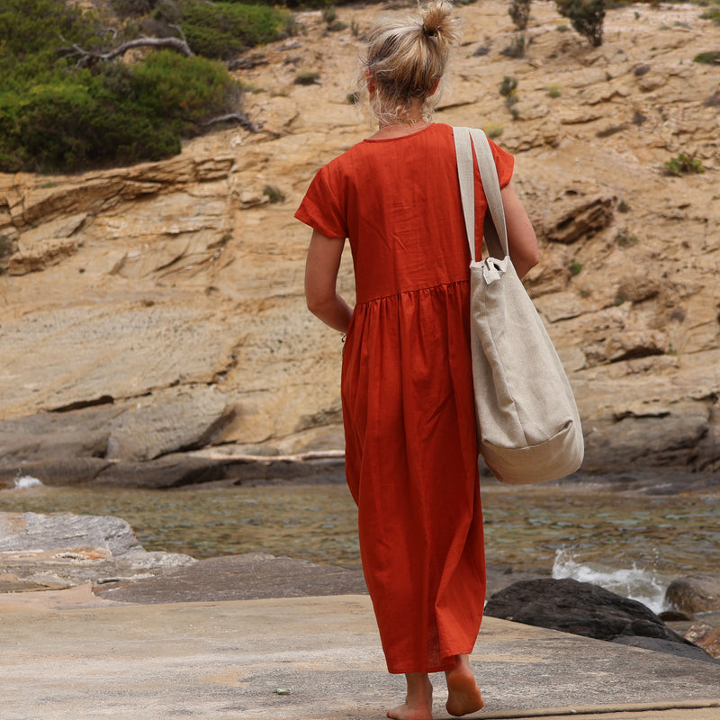 Sac Alfred en lin naturel - doublure en lin bleu majorelle