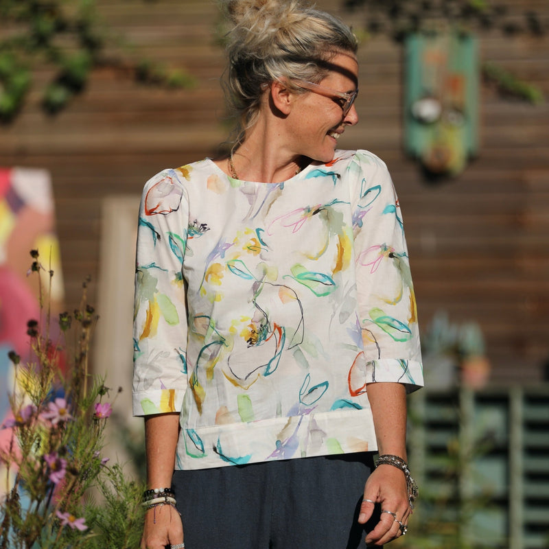 Blouse Eulalie manches 3/4 - voile de coton tableau fleuri - Quintessence