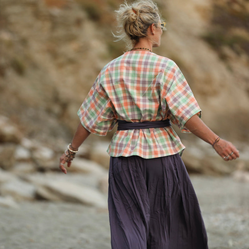 Blouse Yoko - coton carreaux lavande/orange/citron vert - Quintessence