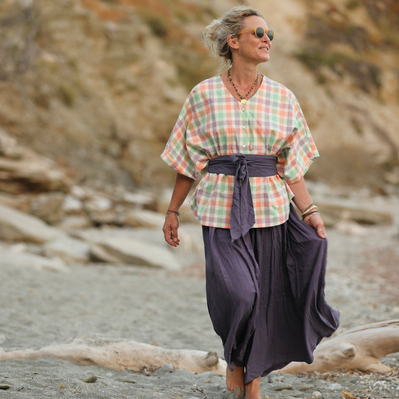 Blouse Yoko - coton carreaux lavande/orange/citron vert - Quintessence