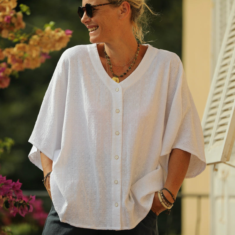 Blouse Yoko - double gaze de coton fleurie blanche - Quintessence