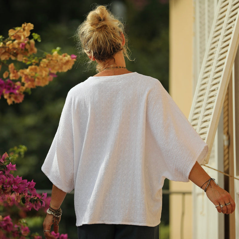 Blouse Yoko - double gaze de coton fleurie blanche - Quintessence