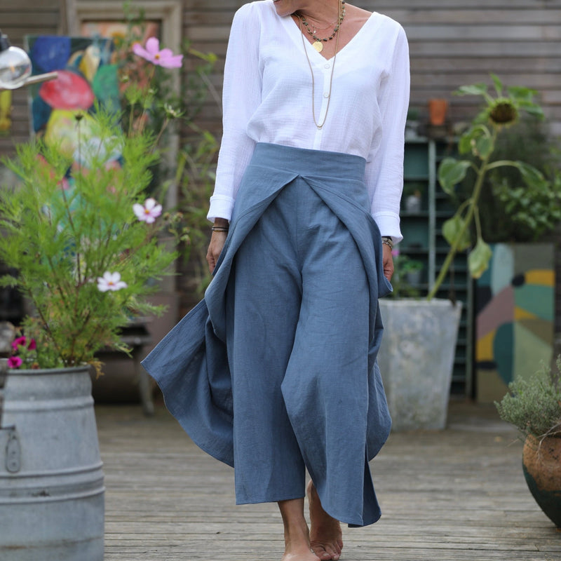 Pantalon drapé Mathilde - lin stone wash bleu océan - Quintessence