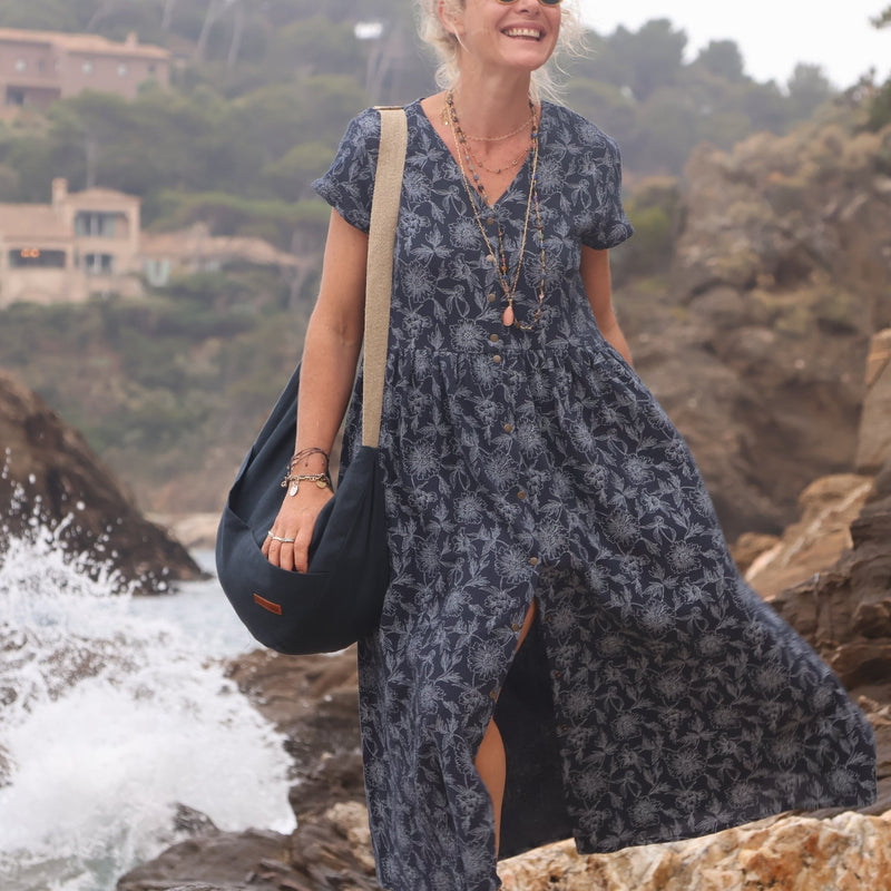 Robe Amélia double gaze de coton marine fleuri - Quintessence