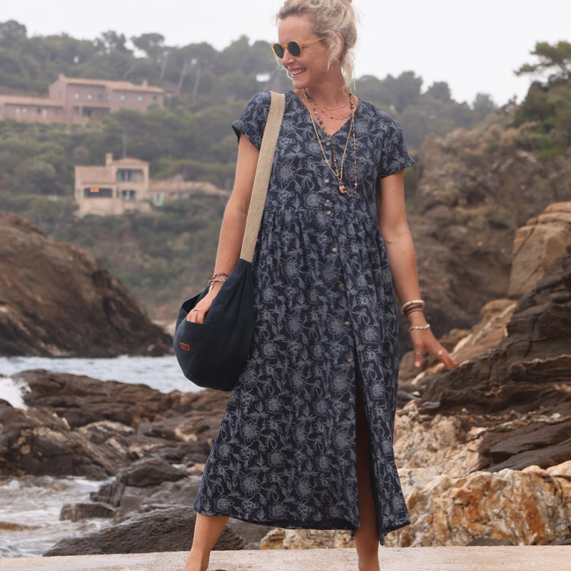 Robe Amélia double gaze de coton marine fleuri - Quintessence