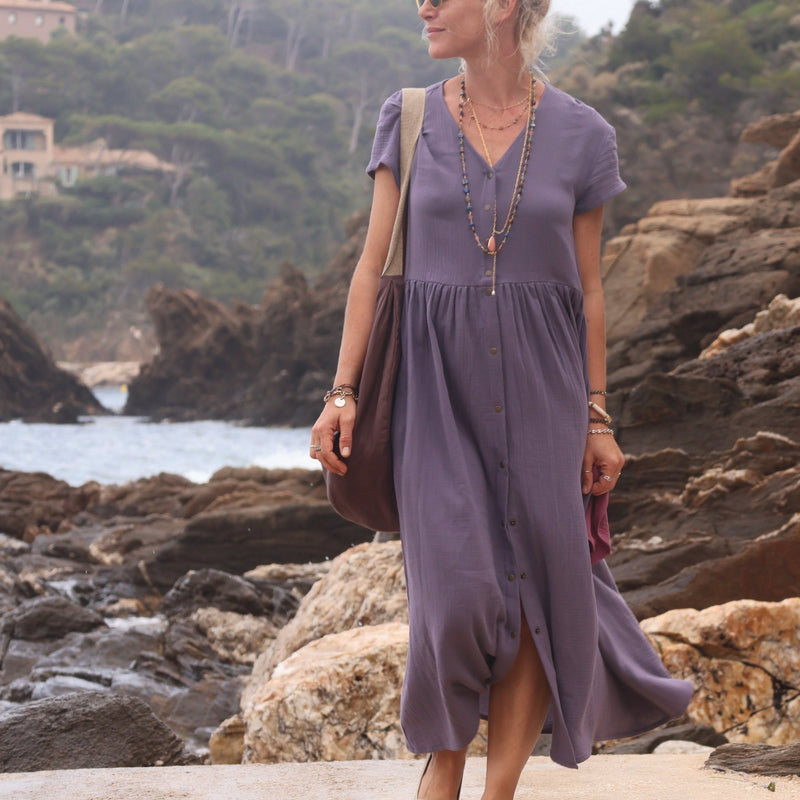 Robe Amélia double gaze de coton prune - Quintessence