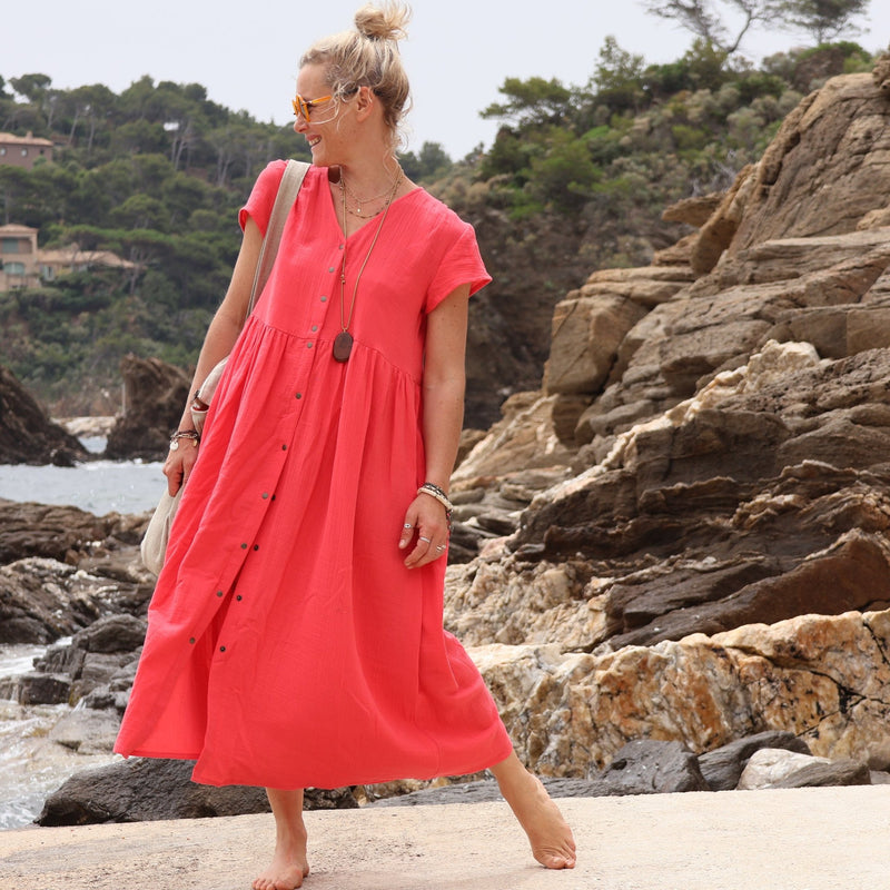 Robe Amélia double gaze de coton rose corail - Quintessence