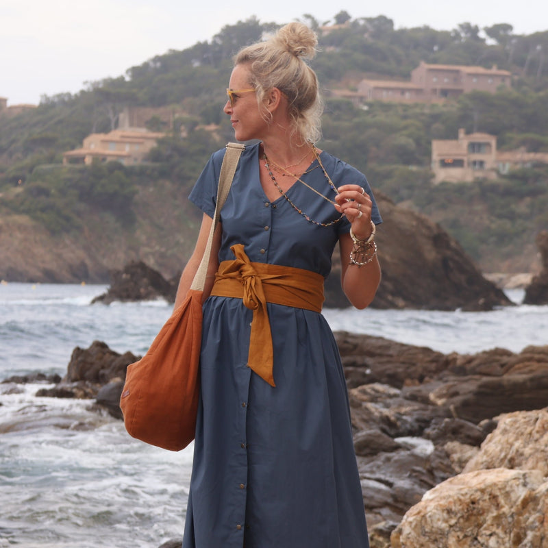 Robe Amélia popeline de coton bleu meditérannée - Quintessence