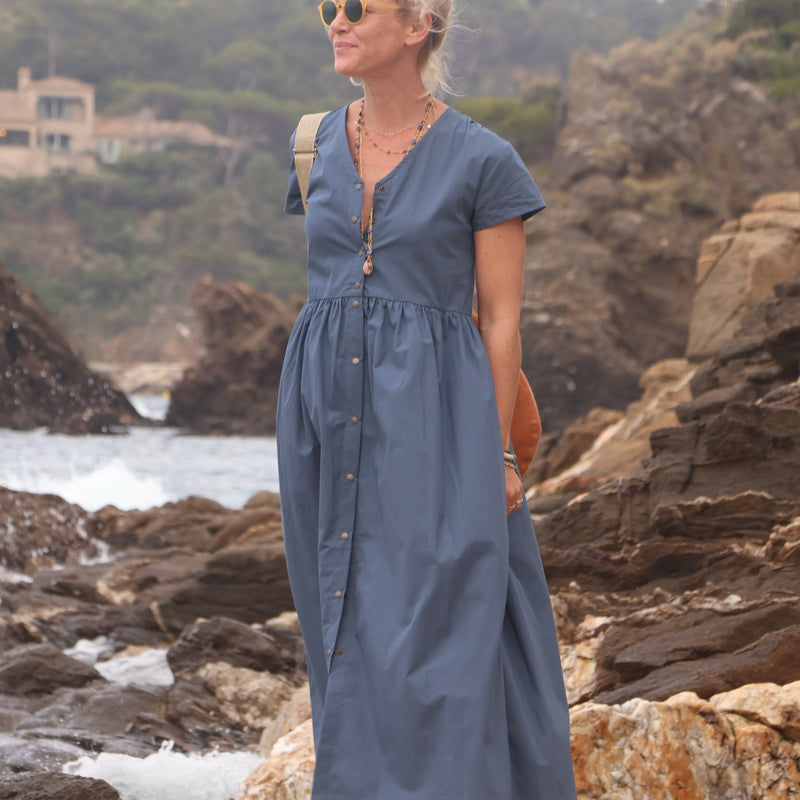 Robe Amélia popeline de coton bleu meditérannée - Quintessence