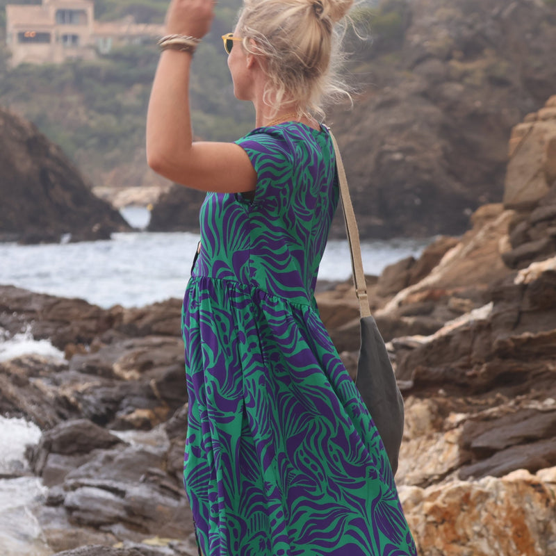 Robe Amélia viscose Ara vert/prune - Quintessence