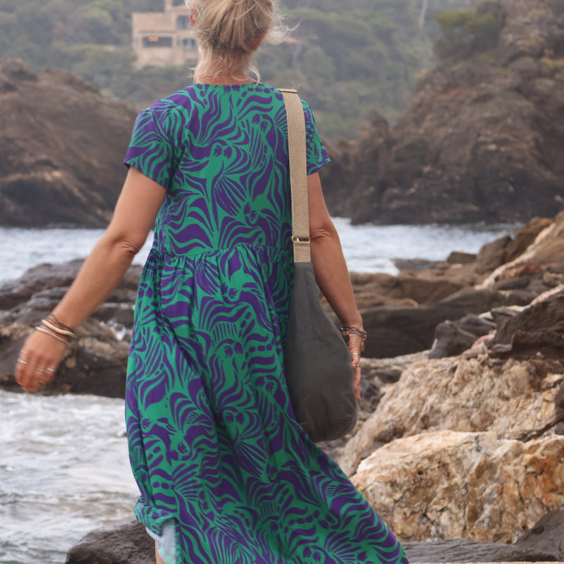 Robe Amélia viscose Ara vert/prune - Quintessence