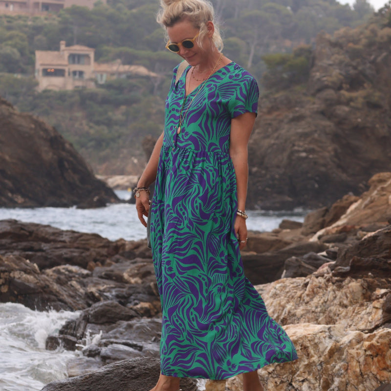 Robe Amélia viscose Ara vert/prune - Quintessence