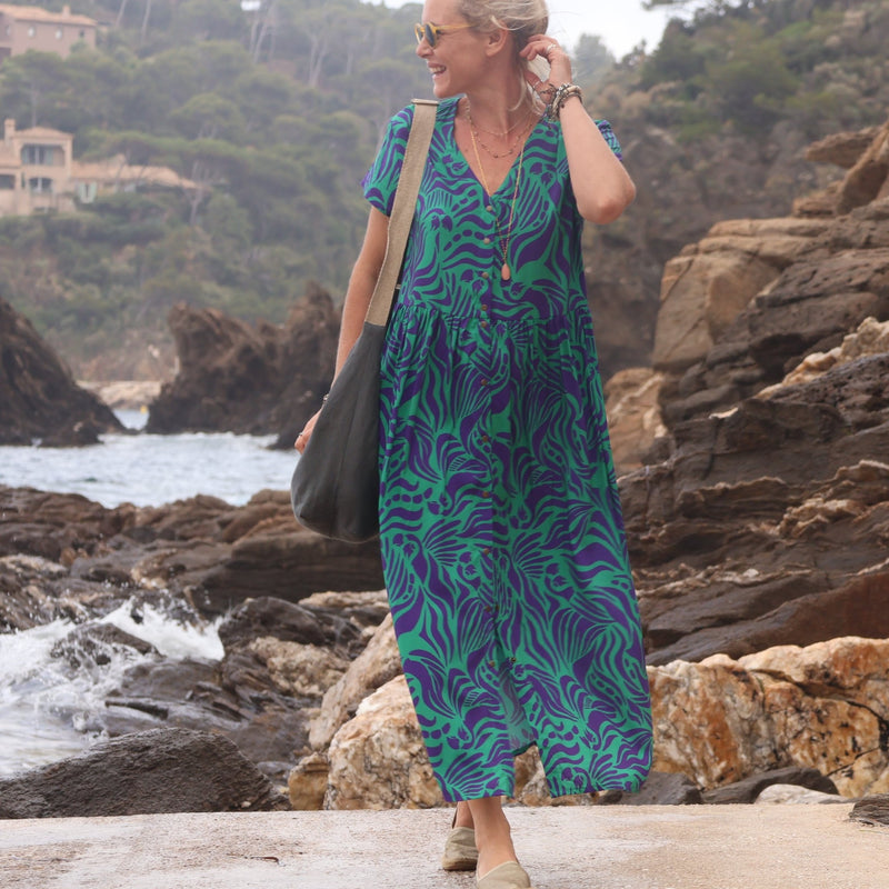 Robe Amélia viscose Ara vert/prune - Quintessence