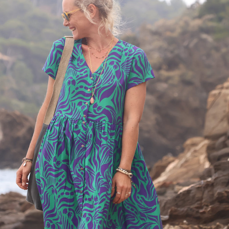 Robe Amélia viscose Ara vert/prune - Quintessence