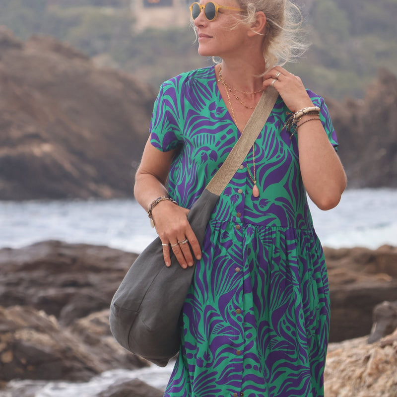 Robe Amélia viscose Ara vert/prune - Quintessence