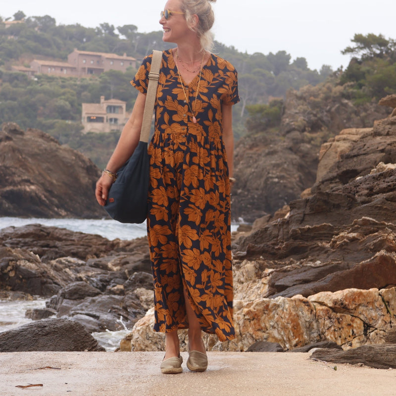 Robe Amélia viscose fleuri marine/camel - Quintessence