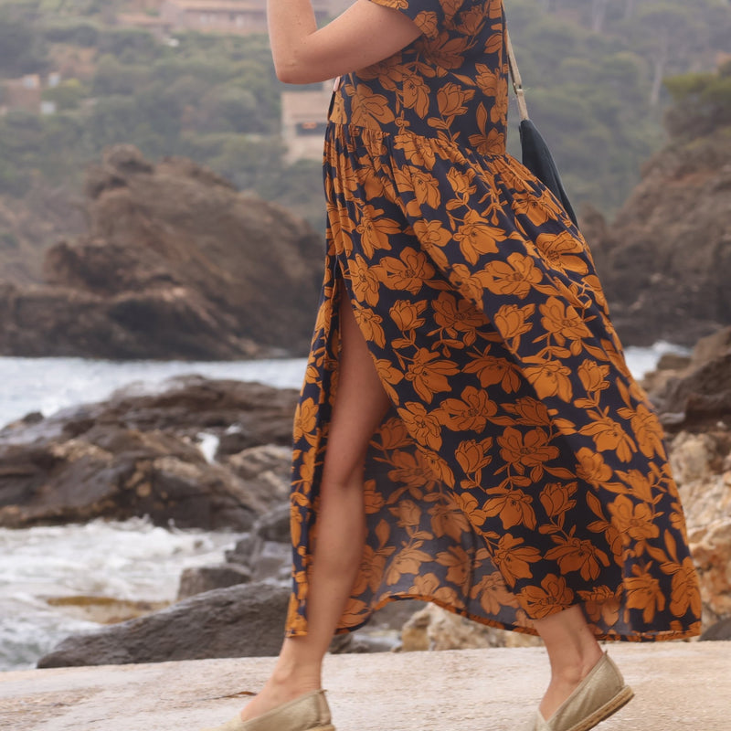 Robe Amélia viscose fleuri marine/camel - Quintessence