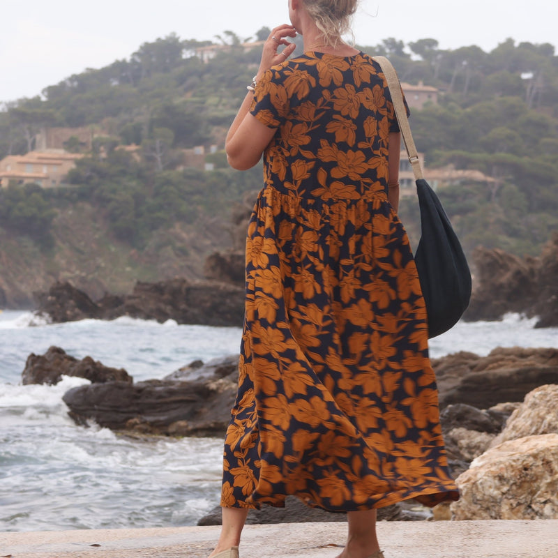 Robe Amélia viscose fleuri marine/camel - Quintessence