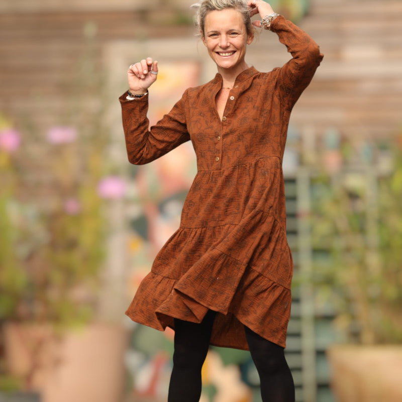 Robe Bella - double gaze de coton fleuri caramel - Quintessence