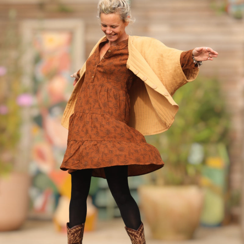 Robe Bella - double gaze de coton fleuri caramel - Quintessence