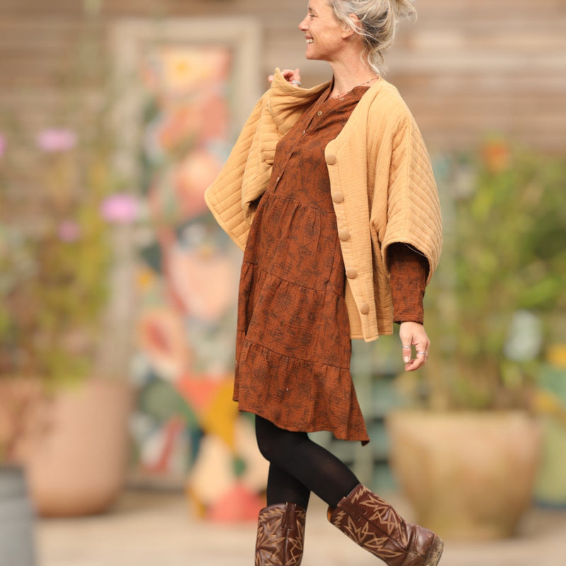 Robe Bella - double gaze de coton fleuri caramel - Quintessence