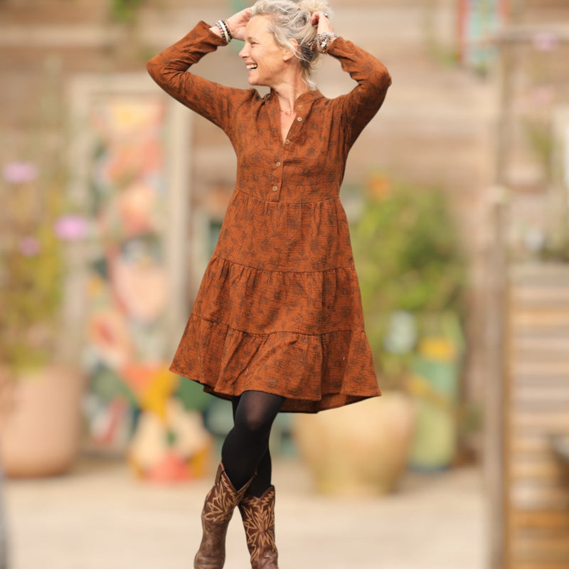 Robe Bella - double gaze de coton fleuri caramel - Quintessence