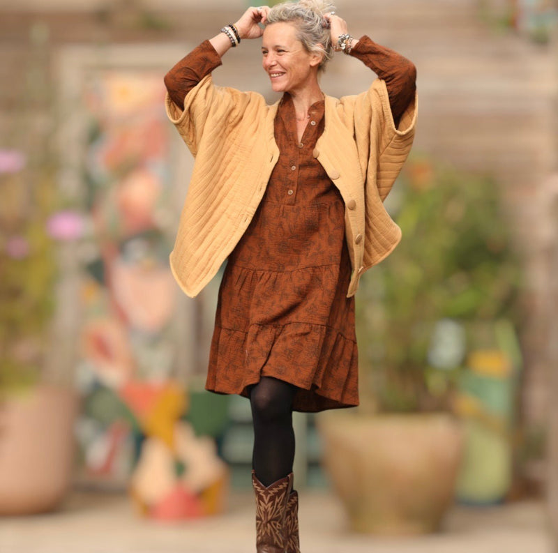 Robe Bella - double gaze de coton fleuri caramel - Quintessence