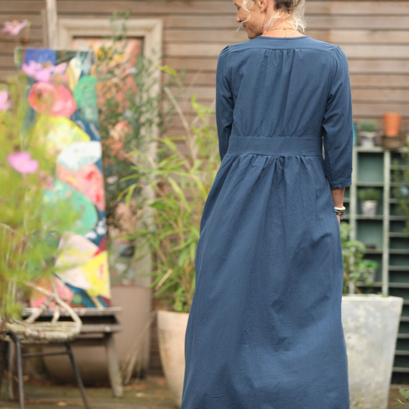 Robe Clara manches 3/4 - coton lavé bleu marine - Quintessence