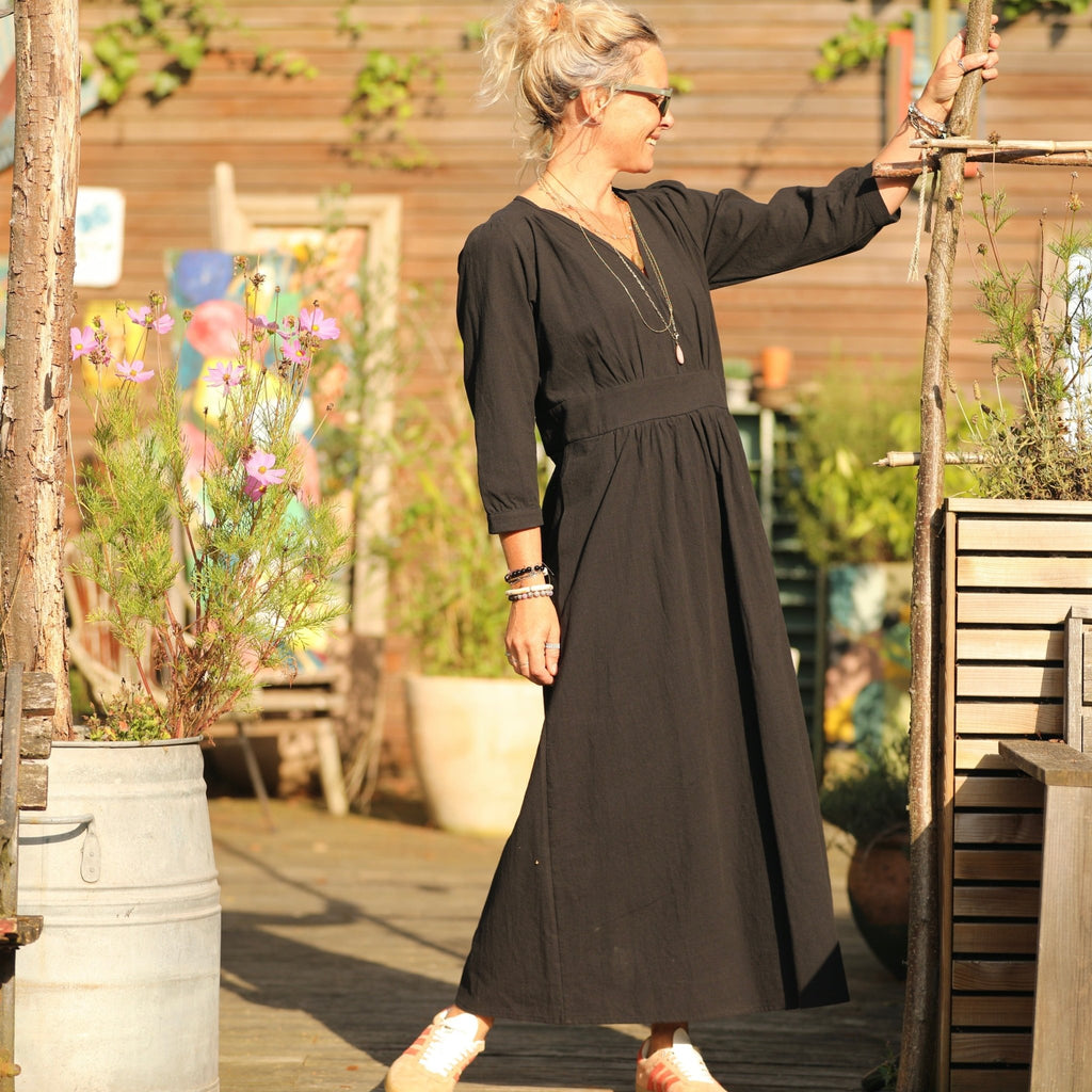 Robe Clara manches 3/4 - coton lavé noir - Quintessence