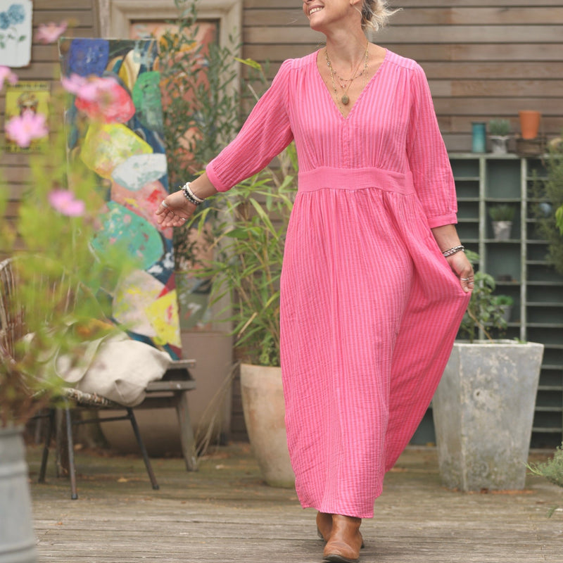 Robe Clara manches 3/4 - double gaze de coton rayée fushia - Quintessence