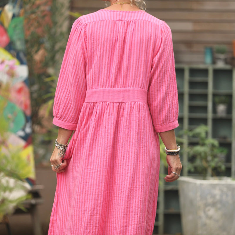 Robe Clara manches 3/4 - double gaze de coton rayée fushia - Quintessence