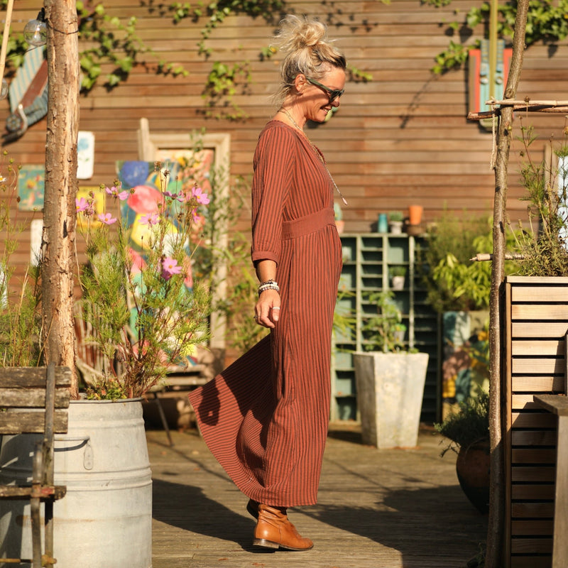 Robe Clara manches 3/4 - double gaze de coton rayée terracotta/noir - Quintessence