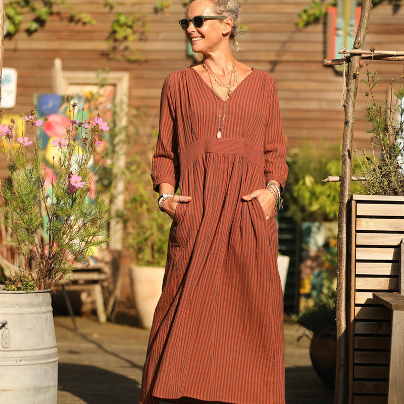 Robe Clara manches 3/4 - double gaze de coton rayée terracotta/noir - Quintessence