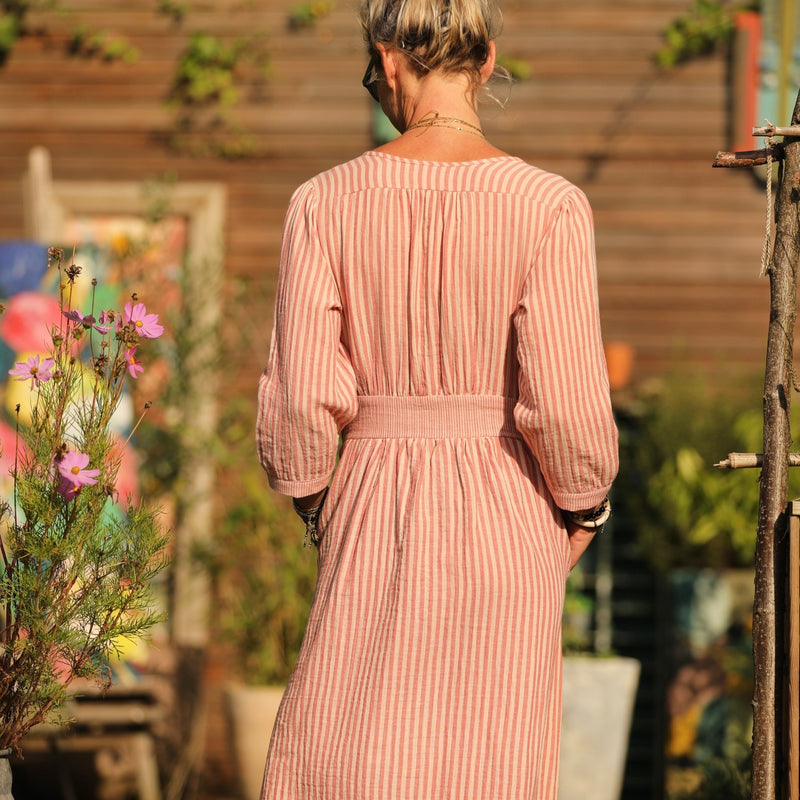 Robe Clara manches 3/4 - double gaze de coton rayée terracotta/rose poudré - Quintessence