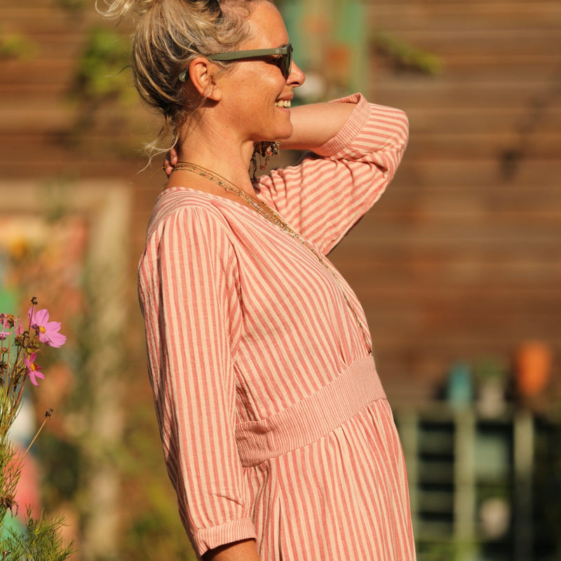 Robe Clara manches 3/4 - double gaze de coton rayée terracotta/rose poudré - Quintessence