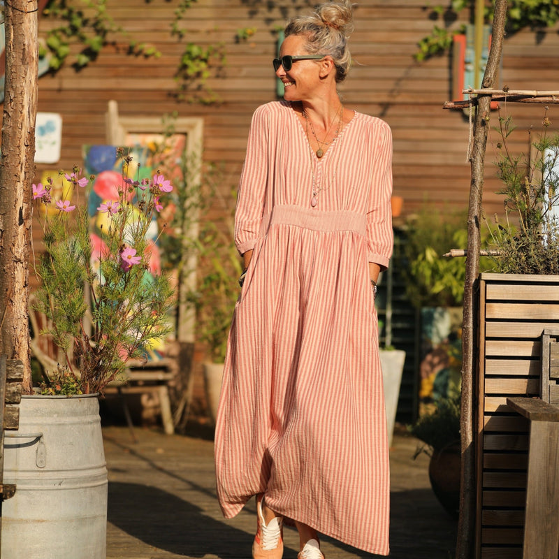 Robe Clara manches 3/4 - double gaze de coton rayée terracotta/rose poudré - Quintessence