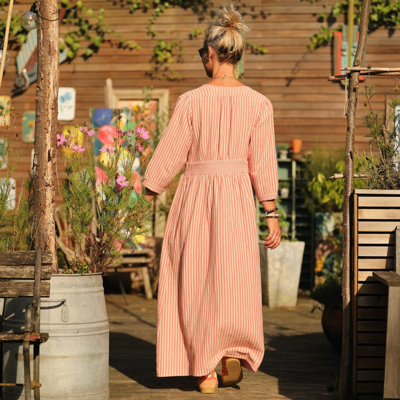 Robe Clara manches 3/4 - double gaze de coton rayée terracotta/rose poudré - Quintessence