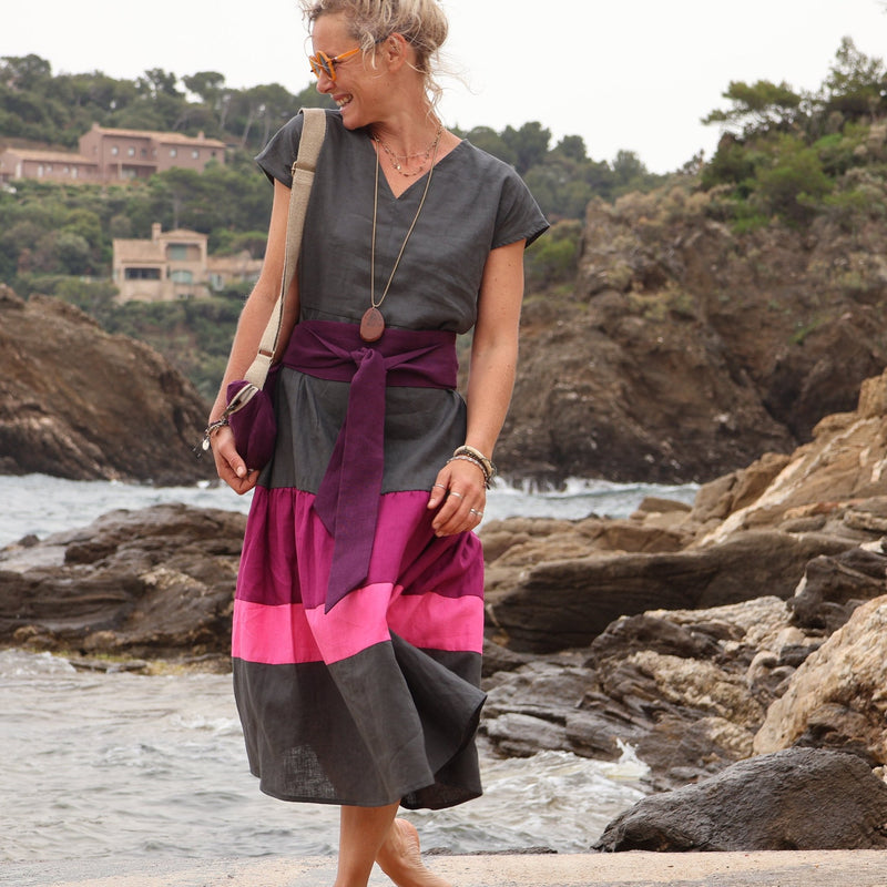 Robe Gitane - lin ardoise lilas rose - Quintessence